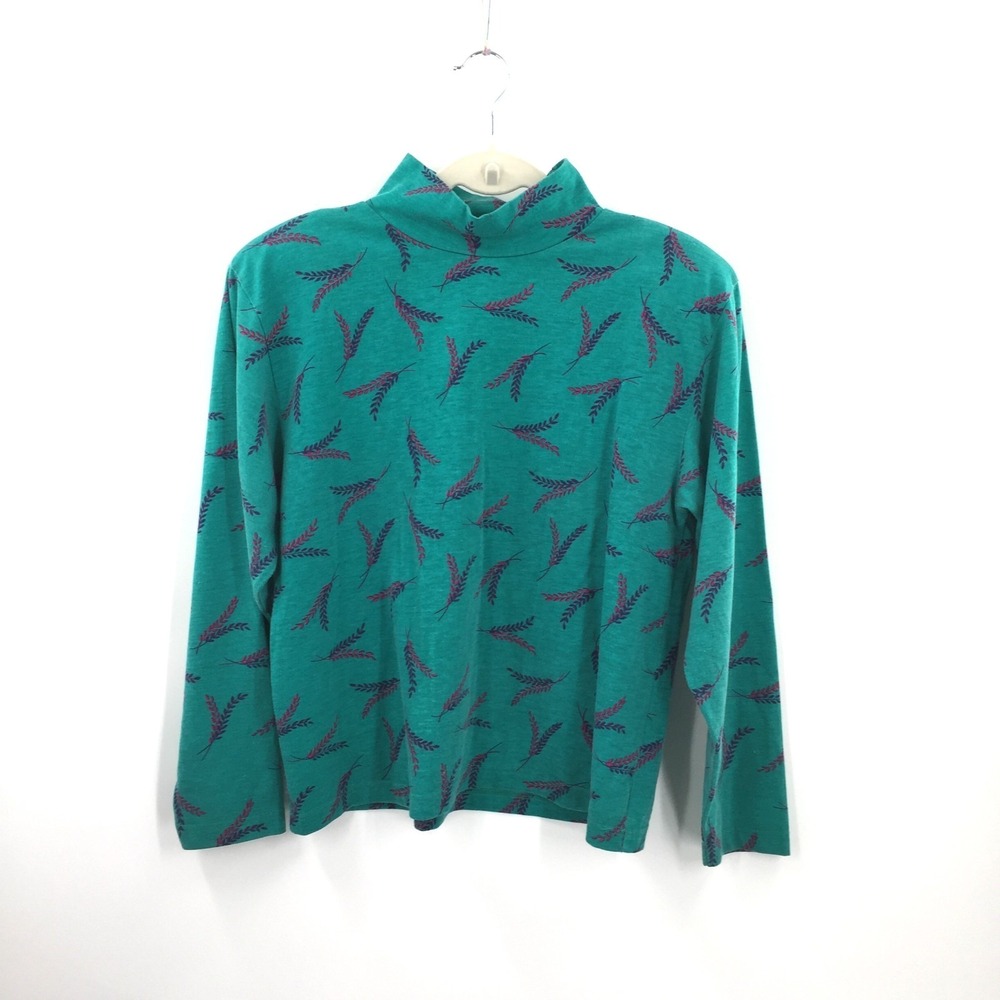 vintage 80s The Villagers teal print Long Sleeve mock‎ neck floral geometric M